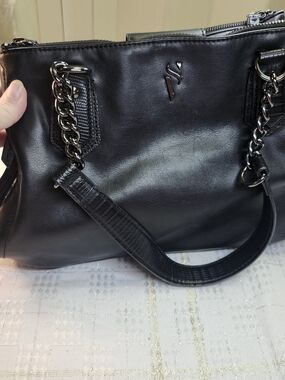 SIMPLY VERA WONG Black Leather Shoulder Bag with Chain-Accent Handles